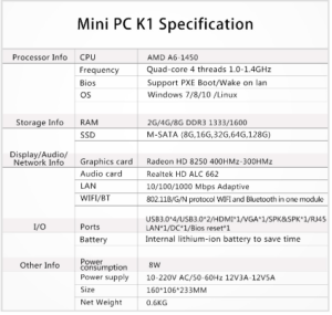 مشخصات فنی mini pc k1
